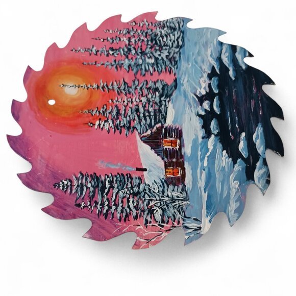 Hand-Painted Rustic Cabin Saw Blade by Ann Simmons – Winter Landscape Art - Picture 4 of 11